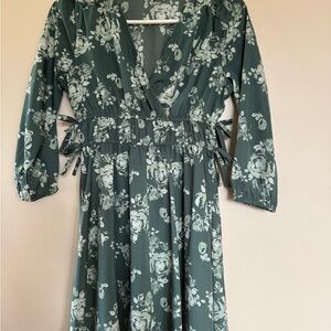 Indulge Dark Green Floral Long Sleeve Dress